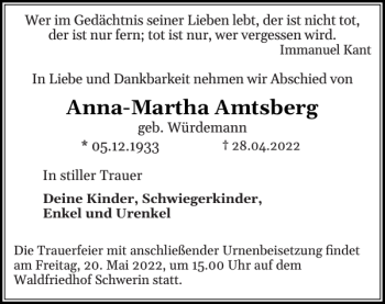 Traueranzeige von Anna-Martha Amtsberg von Zeitung für die Landeshauptstadt