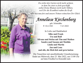 Traueranzeige von Anneliese Kirchenberg von Parchimer Zeitung