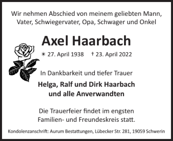 Traueranzeige von Axel Haarbach von Gadebusch-Rehnaer Zeitung