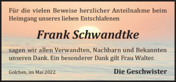 Traueranzeige von Frank Schwandtke von Anzeiger für Sternberg - Brüel - Warin