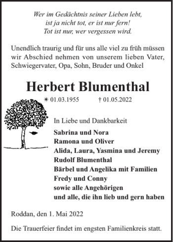 Traueranzeige von Herbert Blumenthal von Der Prignitzer