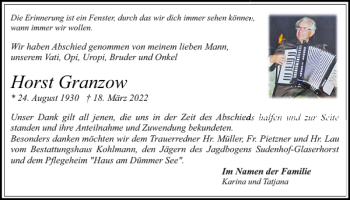 Traueranzeige von Horst Granzow von Hagenower Kreisblatt