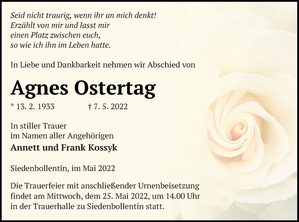  Traueranzeige für Agnes Ostertag vom 13.05.2022 aus Neubrandenburger Zeitung