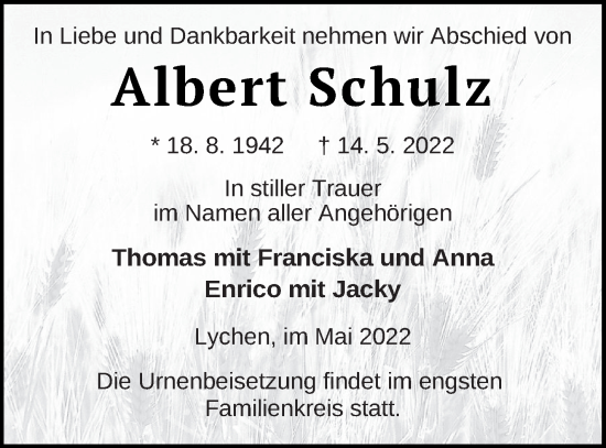 Traueranzeige von Albert Schulz von Templiner Zeitung