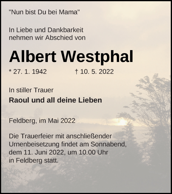 Traueranzeige von Albert Westphal von Strelitzer Zeitung