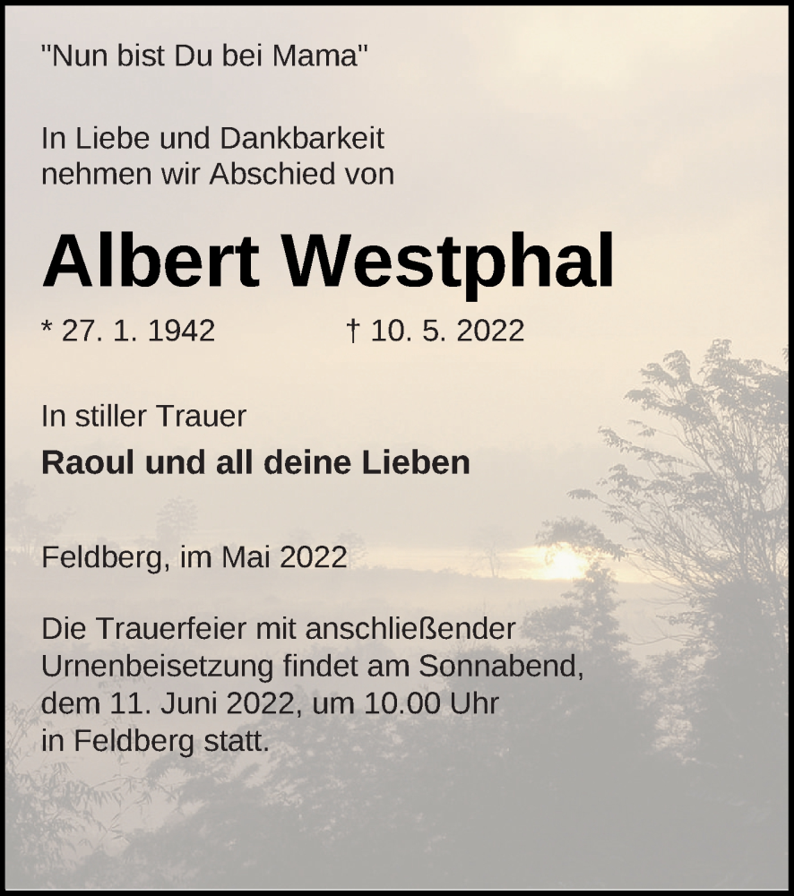  Traueranzeige für Albert Westphal vom 14.05.2022 aus Strelitzer Zeitung