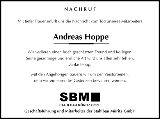 Traueranzeige von Andreas Hoppe von Müritz-Zeitung