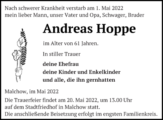 Traueranzeige von Andreas Hoppe von Müritz-Zeitung