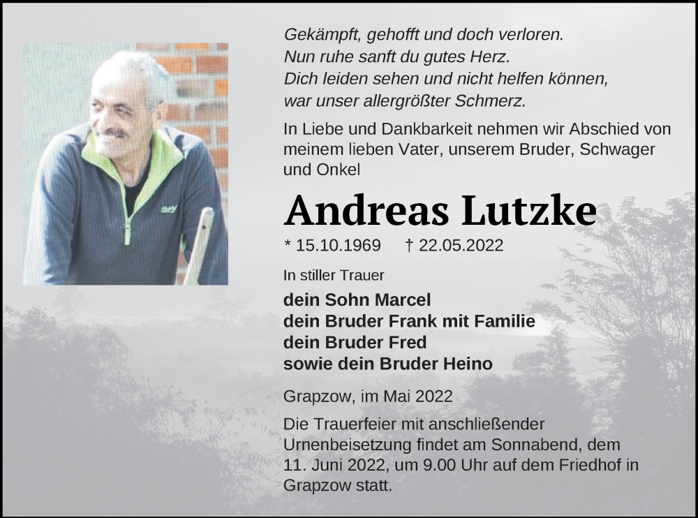  Traueranzeige für Andreas Lutzke vom 31.05.2022 aus Neubrandenburger Zeitung