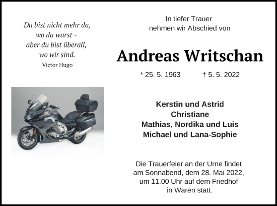 Traueranzeige von Andreas Writschan von Müritz-Zeitung