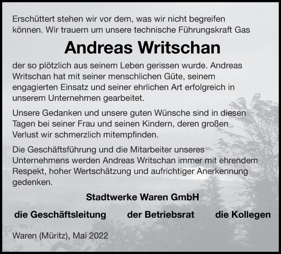 Traueranzeige von Andreas Writschan von Müritz-Zeitung