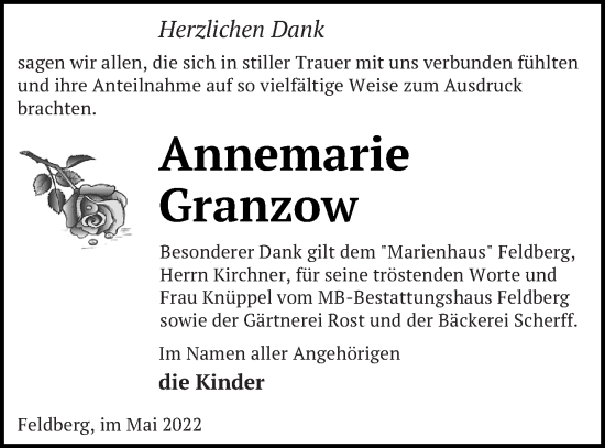 Traueranzeige von Annemarie Granzow von Strelitzer Zeitung