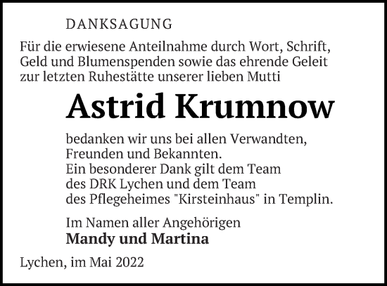 Traueranzeige von Astrid Krumnow von Templiner Zeitung