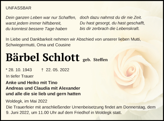 Traueranzeige von Bärbel Schlott von Strelitzer Zeitung