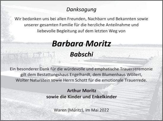 Traueranzeige von Barbara Moritz von Müritz-Zeitung