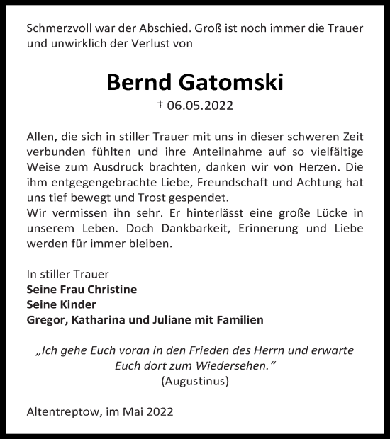 Traueranzeige von Bernd Gatomski von Neubrandenburger Zeitung