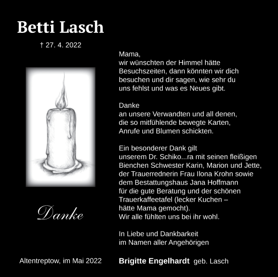 Traueranzeige von Betti Lasch von Neubrandenburger Zeitung