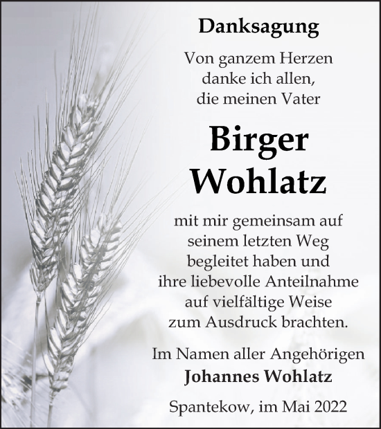 Traueranzeige von Birger Wohlatz von Vorpommern Kurier