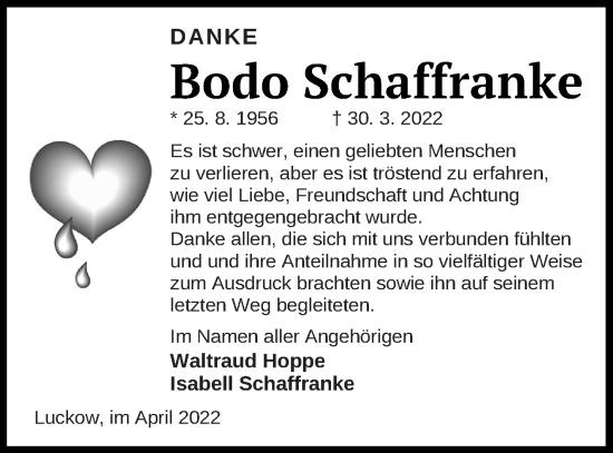 Traueranzeige von Bodo Schaffranke von Haff-Zeitung