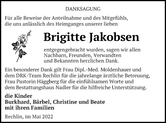 Traueranzeige von Brigitte Jakobsen von Müritz-Zeitung