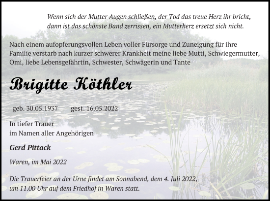 Traueranzeige von Brigitte Köthler von Müritz-Zeitung