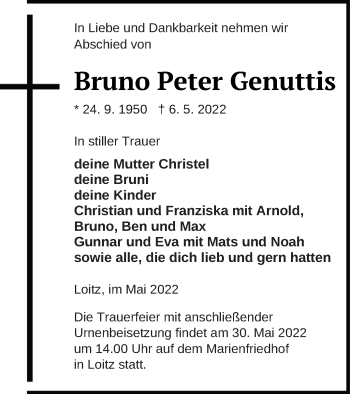 Traueranzeige von Bruno Peter Genuttis von Vorpommern Kurier