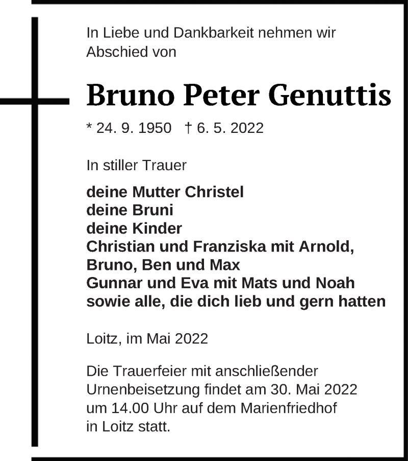  Traueranzeige für Bruno Peter Genuttis vom 11.05.2022 aus Vorpommern Kurier