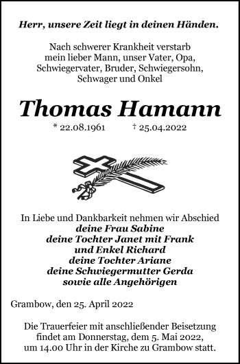 Traueranzeige von Thomas Hamann von Pasewalker Zeitung