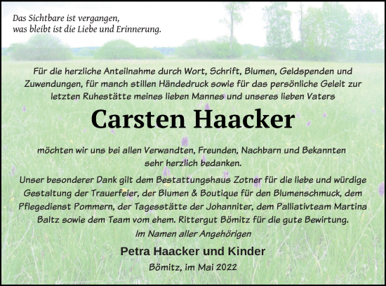 Traueranzeige von Carsten Haacker von Vorpommern Kurier