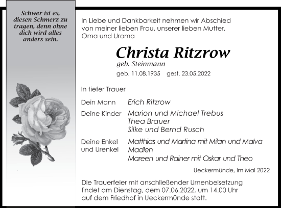 Traueranzeige von Christa Ritzrow von Haff-Zeitung