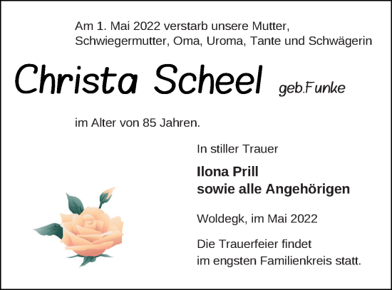 Traueranzeige von Christa Scheel von Strelitzer Zeitung