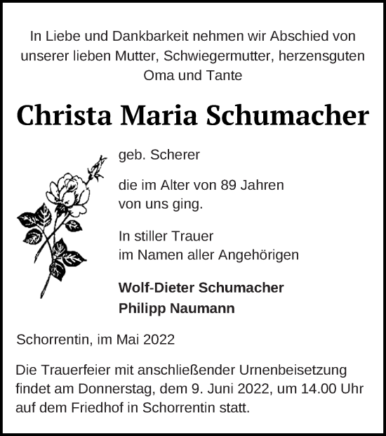 Traueranzeige von Christa Maria Schumacher von Mecklenburger Schweiz