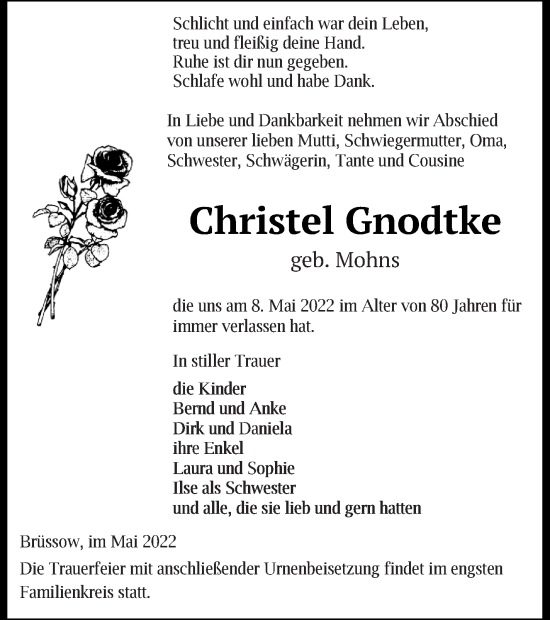 Traueranzeige von Christel Gnodtke von Prenzlauer Zeitung