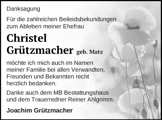 Traueranzeige von Christel Grützmacher von Neubrandenburger Zeitung