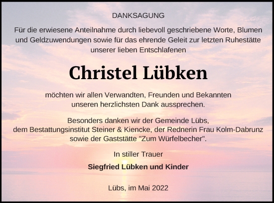 Traueranzeige von Christel Lübken von Haff-Zeitung