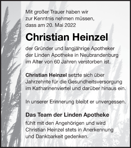 Traueranzeige von Christian Heinzel von Neubrandenburger Zeitung