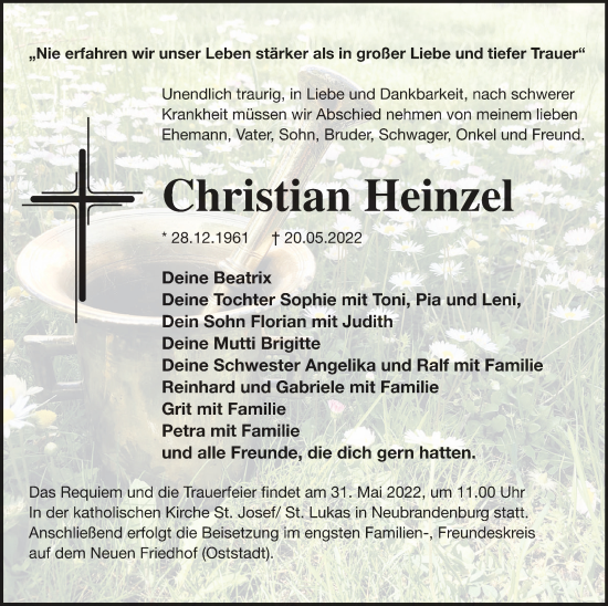 Traueranzeige von Christian Heinzel von Neubrandenburger Zeitung