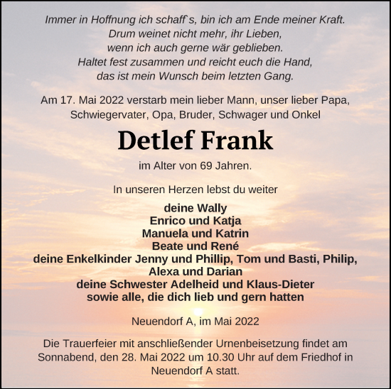 Traueranzeige von Detlef Frank von Vorpommern Kurier