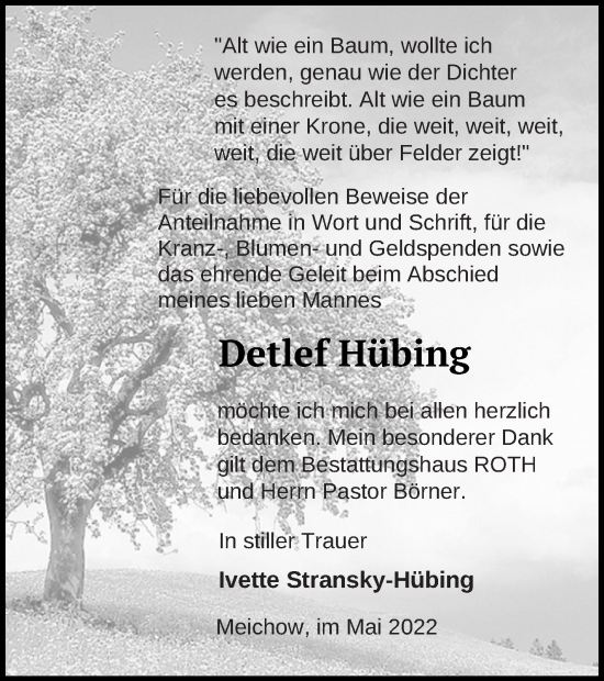 Traueranzeige von Detlef Hübing von Prenzlauer Zeitung