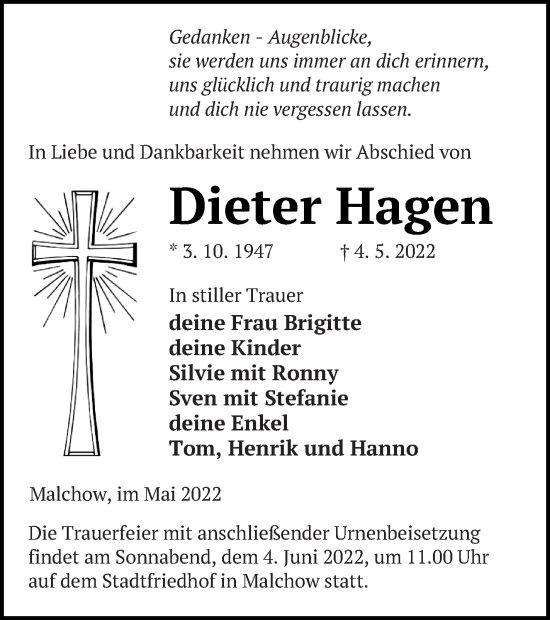 Traueranzeige von Dieter Hagen von Müritz-Zeitung