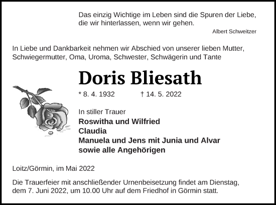 Traueranzeige von Doris Bliesath von Vorpommern Kurier