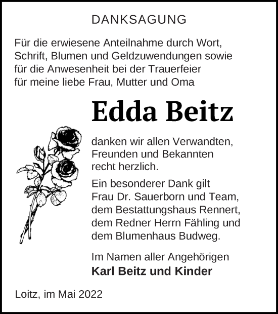 Traueranzeige von Edda Beitz von Vorpommern Kurier