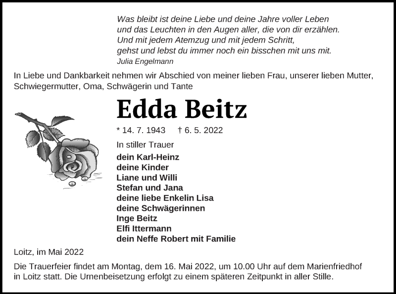  Traueranzeige für Edda Beitz vom 11.05.2022 aus Vorpommern Kurier