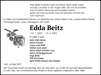 Traueranzeige von Edda Beitz von Vorpommern Kurier