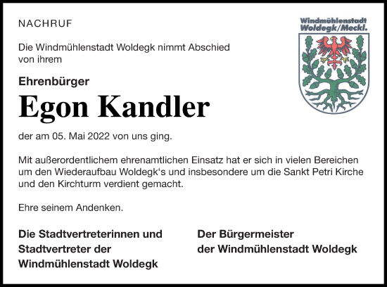 Traueranzeige von Egon Kandler von Strelitzer Zeitung