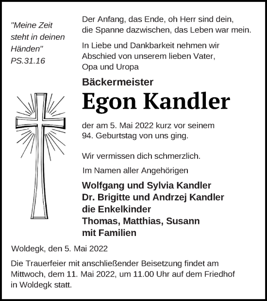 Traueranzeige von Egon Kandler von Neubrandenburger Zeitung