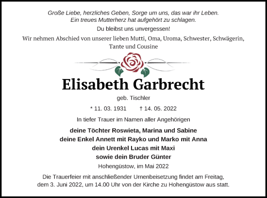 Traueranzeige von Elisabeth Garbrecht von Prenzlauer Zeitung