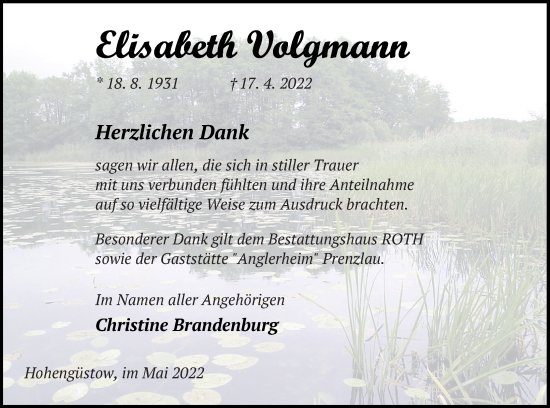 Traueranzeige von Elisabeth Volgmann von Prenzlauer Zeitung