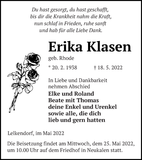 Traueranzeige von Erika Klasen von Mecklenburger Schweiz