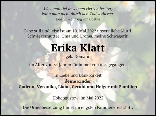 Traueranzeige von Erika Klatt von Prenzlauer Zeitung